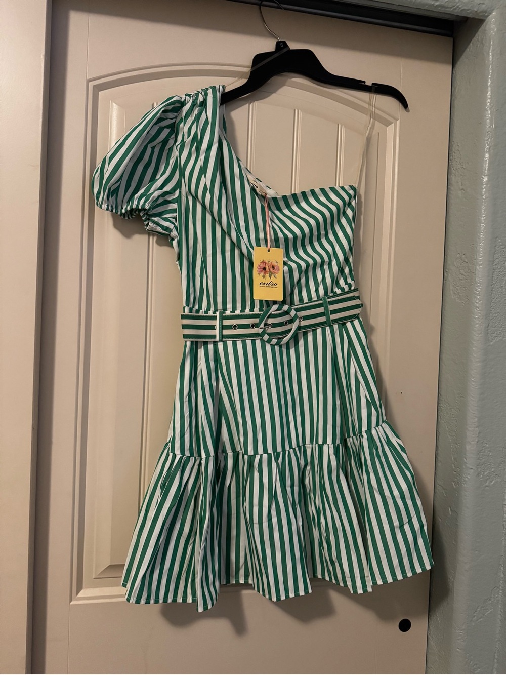 entro Green and White Striped One-Shoulder Dress with Belt